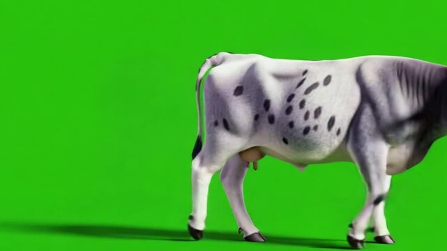 A cartoon cow walking on a bright green background, suitable for animation and design projects
