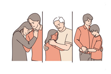 Embracing Support: Three tender illustrations depict the emotional power of embrace, as figures offer comfort. A symbol of love.