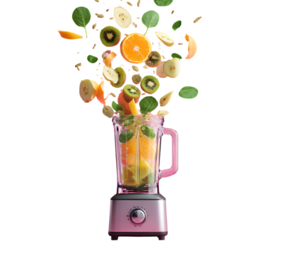 The photo shows flying fresh fruits and vegetables, like apple slices, orange peels, kiwi pieces, and spinach leaves falling into a blender glass.