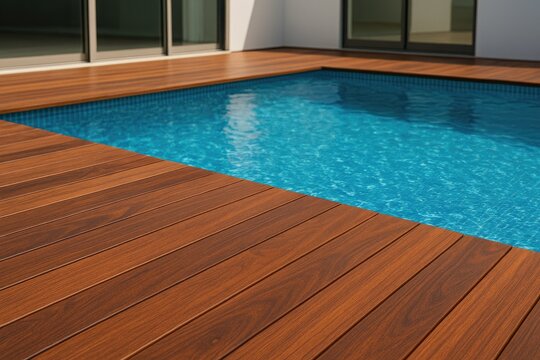 Close-up of a wooden deck with a swimming pool, featuring vibrant blue water and tropical hardwood planks