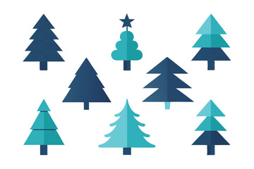 Fototapeta premium Illustration of Cartoon Christmas Trees in Various Styles and Shades of Blue