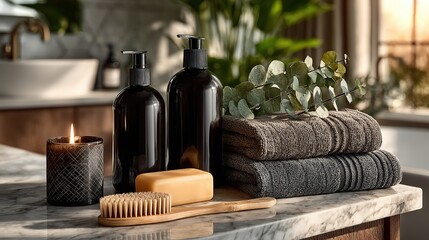 Ignited Candle with Dark Vessels on Stone Slab, Eucalyptus Towel Stack Warm Glow Ambiance