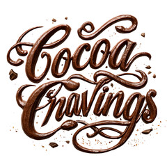 Decadent cocoa cravings artfully rendered in chocolate hues and textures, a rich visual treat with decorative swirls on a stark background, transparent background
