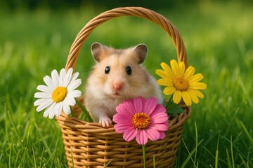 Small hamster nestled in a flower-filled basket