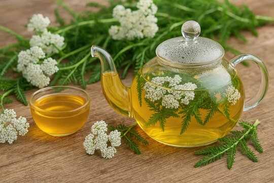 Herbal Infusion with Medicinal Herbs: Yarrow in a Glass Teapot and Honey Cup on Wooden Surface