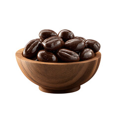 Rich chocolate covered coffee beans fill a wooden bowl, a delightful treat against a transparent background ready for your designs or presentations.