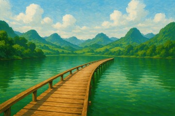 Beautiful wooden bridge over a lush green lake in a northern mountainous region