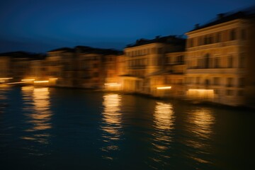 Fototapeta premium Nighttime scene with motion-blurred lights and reflections in a romantic city