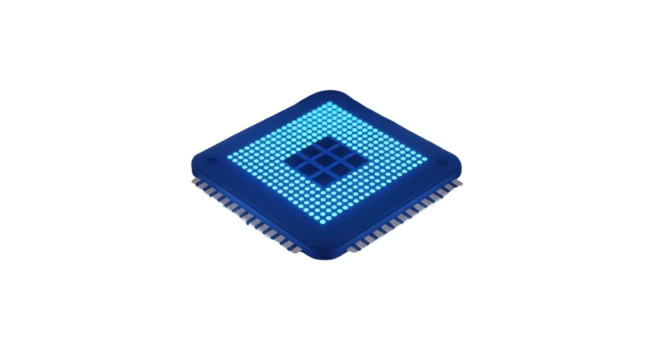 Isometric view of a blue computer processor chip isolated PNG with Transparent Background