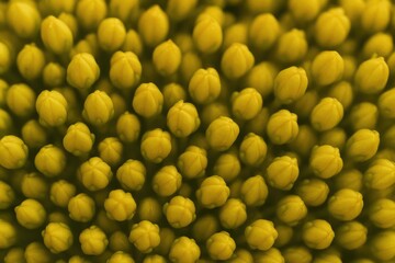 Close-up of numerous yellow flower buds from above, softly blurred for background effect