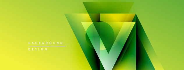 Abstract geometric design. Gradient shades create layered triangular shapes. Modern background with text elements. Vibrant green, yellow hues dominate composition.