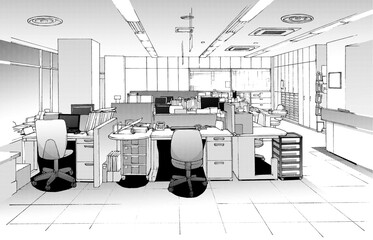 漫画風ペン画イラスト　オフィス街_室内