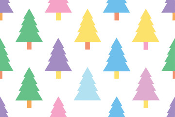Obraz premium Seamless Pattern of Colorful Cartoon Christmas Trees on a White Background, Festive Design