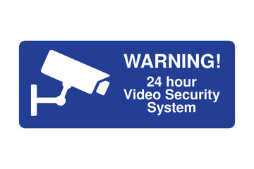 24 Hour Video Security System Sign – Blue Surveillance Warning with Camera Icon – High Quality Vectorial Stock Image