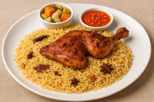 Aromatic Mandhi rice served with grilled chicken, pickles, and spicy chili sauce, showcasing rich Middle Eastern flavors