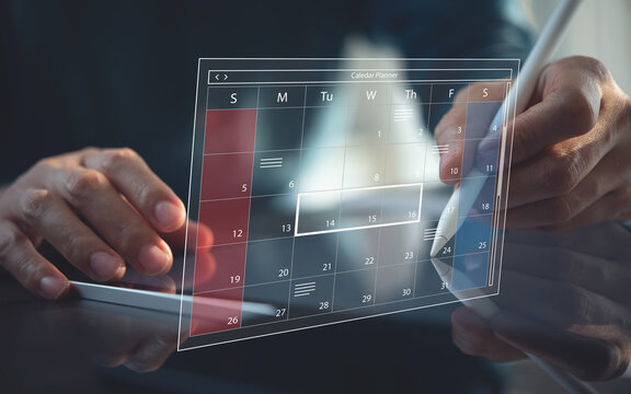 Calender planner organization management remind concept. Business woman using laptop with calendar, planning event schedule, business meeting agenda plan. Work time management - Powered by Adobe