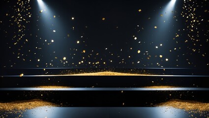 Stage with spotlights and falling gold confetti on black background
