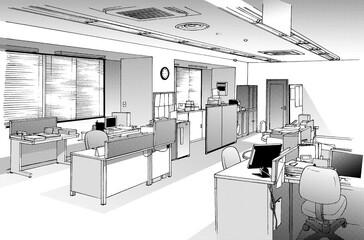 漫画風ペン画イラスト　オフィス街_室内
