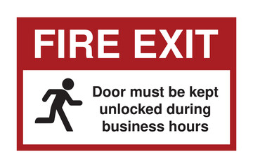 Fire Exit Sign with Business Hours Access Notice – Red and White Emergency Egress Symbol – High Quality Vectorial Stock Image
