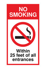 No Smoking Within 25 Feet Sign – Red and White Warning with Cigarette Prohibition Icon – High Quality Vectorial Stock Image