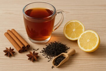 Warm beverage with cinnamon, star anise, dried tea leaves, and lemon slices on a wooden surface