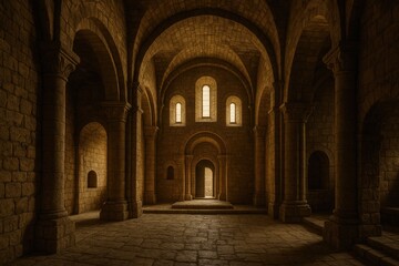 Obraz premium Ancient Religious Structure with Amber-Hued Rocks and Historic Architecture
