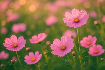 Fototapeta premium Vivid pink blooms illuminate a garden scene with a stunning light display