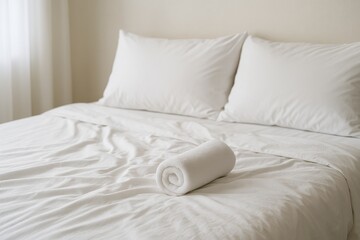 Comfortable soft cushions and a fresh white towel placed on a pristine white bed. Bedding and pillows arranged in a cozy bedroom setting. An inviting bed with rumpled sheets and plush pillows,