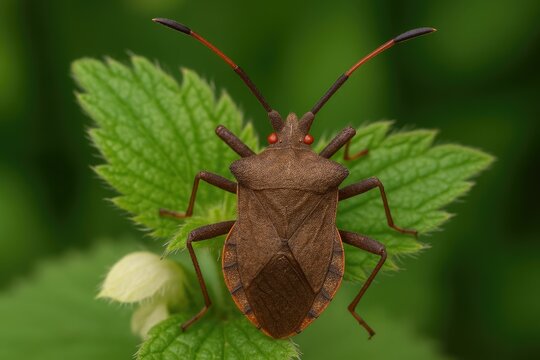 Close-up of a brown-colored insect with elongated legs and antennae perched on a green dead-nettle plant, featuring striking orange and red eyes