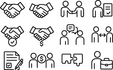 Business Deal Icons Set Handshake Partnership Contract Agreement Collaboration Cooperation Success Negotiation