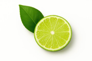 Lime segment with a leaf on a plain white surface
