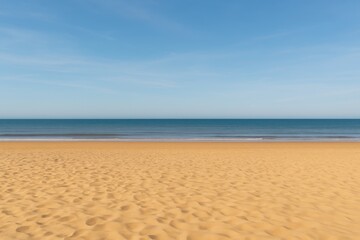 Serene coastal scene featuring golden sands, a soft blue sky, and tranquil sea on a northern shoreline. Perfect for holiday-themed backgrounds with ample space for content.