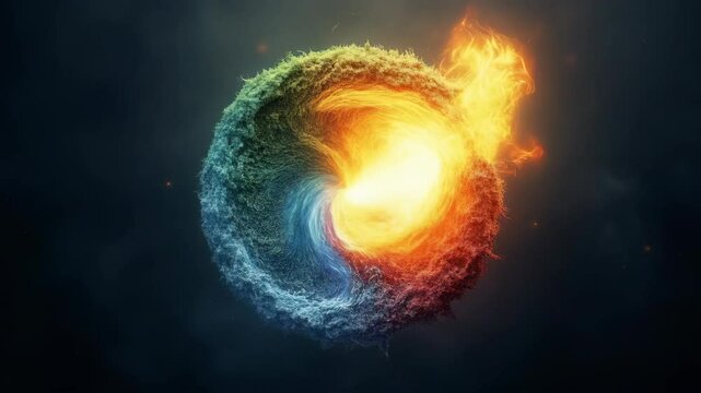 The four elements of nature--earth, wind, fire, and water--in a breathtaking circular design on a dramatic dark background.