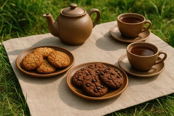 Cookies made of oats and chocolate on ceramic dishes during an outdoor picnic and tea gathering
