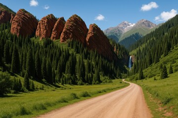 Scenic mountain summer scene at the Jeti-Oguz gorge with the iconic seven bulls formation, close to a large alpine lake. Hiking adventure to the Waterfall of the Maiden's Tears.