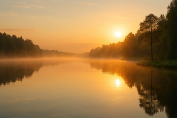 Fototapeta premium Dawn Mist Over a Peaceful Serene Lake