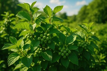 A lively garden bursting with fresh green foliage and budding fruits basking in summer sunlight