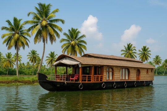 Houseboat navigating tranquil backwaters in a southern Indian region