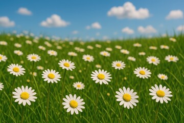 Bright summer day featuring small daisies blooming in the grassy field