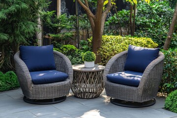 Three-piece patio furniture set with two gray wicker armchairs and navy blue cushions, and a table, garden background with patio decor