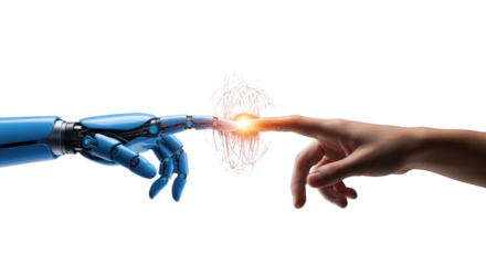 Human and robot hands touching, connection concept isolated PNG with Transparent Background