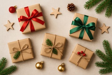 Crafted holiday gift boxes adorned with ornaments - top view