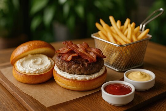 Delicious open-faced burger with creamy cheese, crispy fries, bacon, and various sauces on a table with a blurred backdrop