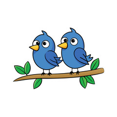 Fototapeta premium Two Cartoon Bluebirds Sitting on a Brown Branch with Green Leaves