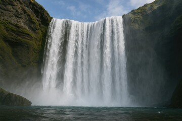 Majestic cascade viewed from the base with abundant flowing water