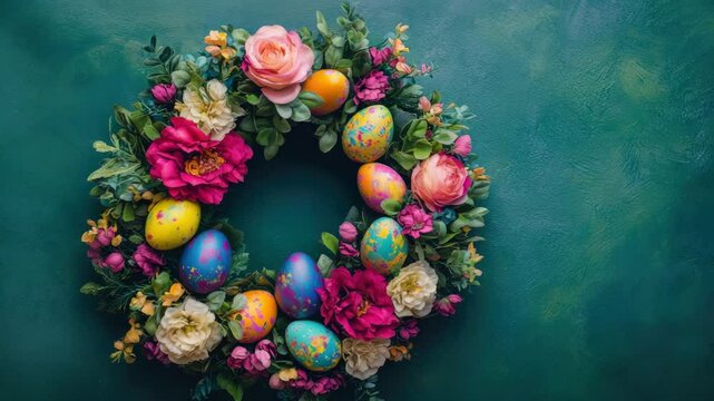 Vibrant and colorful Easter wreath with assorted flowers, eggs in various hues, and a traditional circular shape. Perfect for spring festivities.