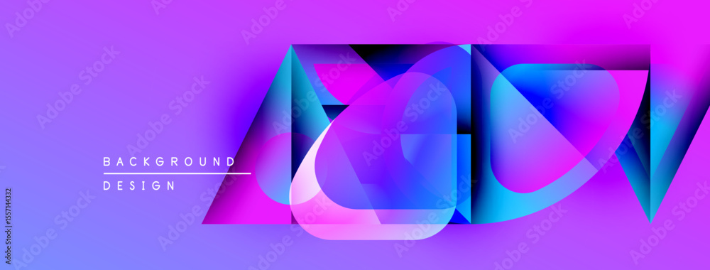 Poster abstract geometric shapes overlap, creating vibrant purple, blue gradients. modern design element fo
