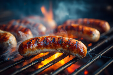 Delicious sausages sizzling over the coals on barbecue grill