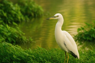 Obraz premium A heron among aquatic plants and foliage in a pond scene