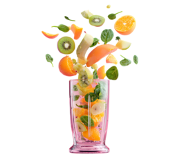 Flying fresh fruits and vegetables, like apple slices, orange peels, kiwi pieces, and spinach leaves, fall into a glass. The concept of healthy eating or a lifestyle for weight loss.